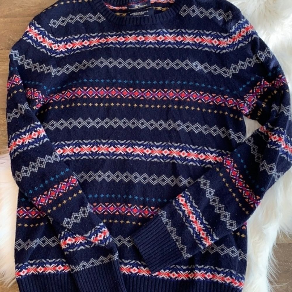 American EagleOutfitters L AthleticFit NavyBlue Mlticlrd Lngslvs Men’s Sweater - Picture 6 of 7